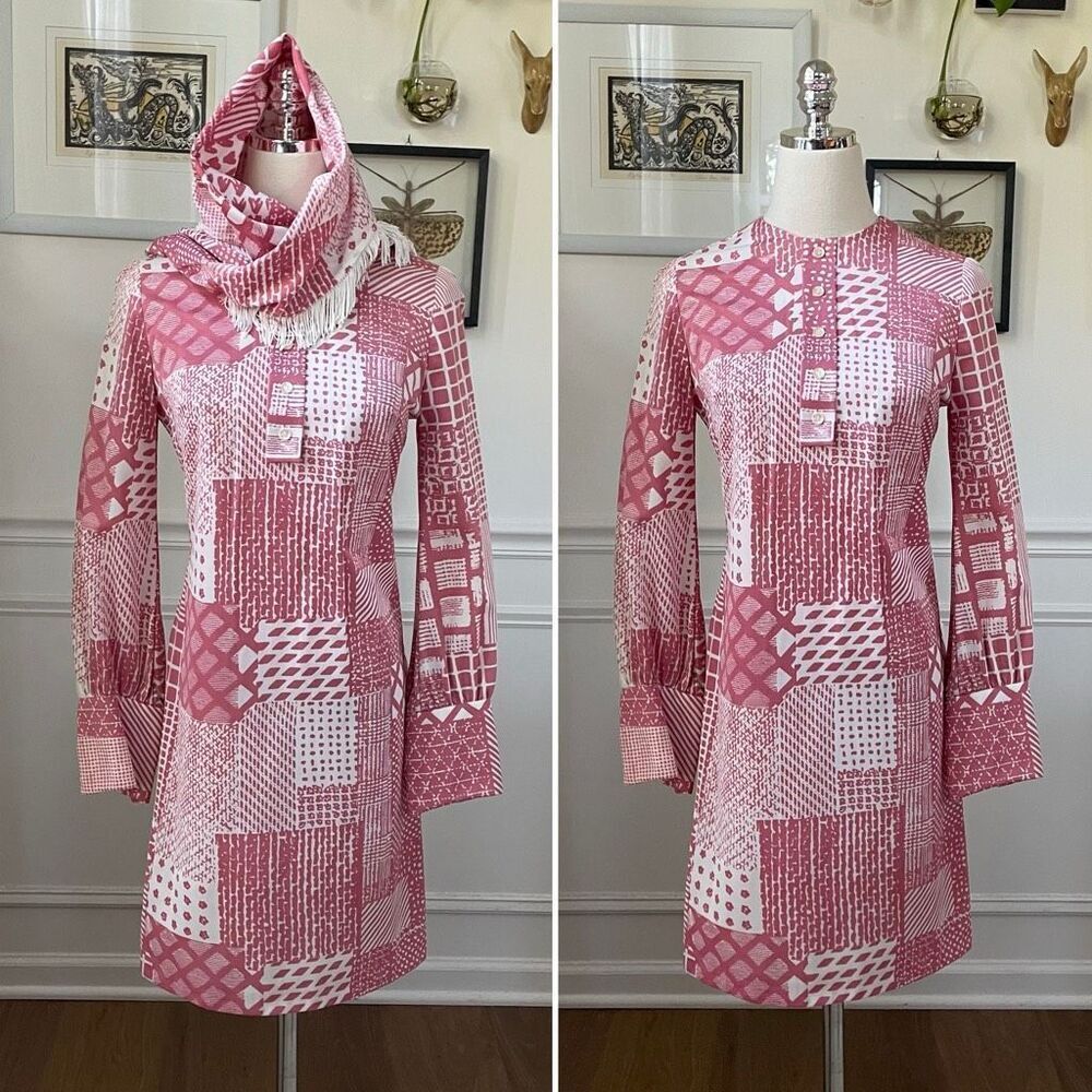 Vintage 70s Mauve Pink White Retro Print Shift Dress Scarf XS S